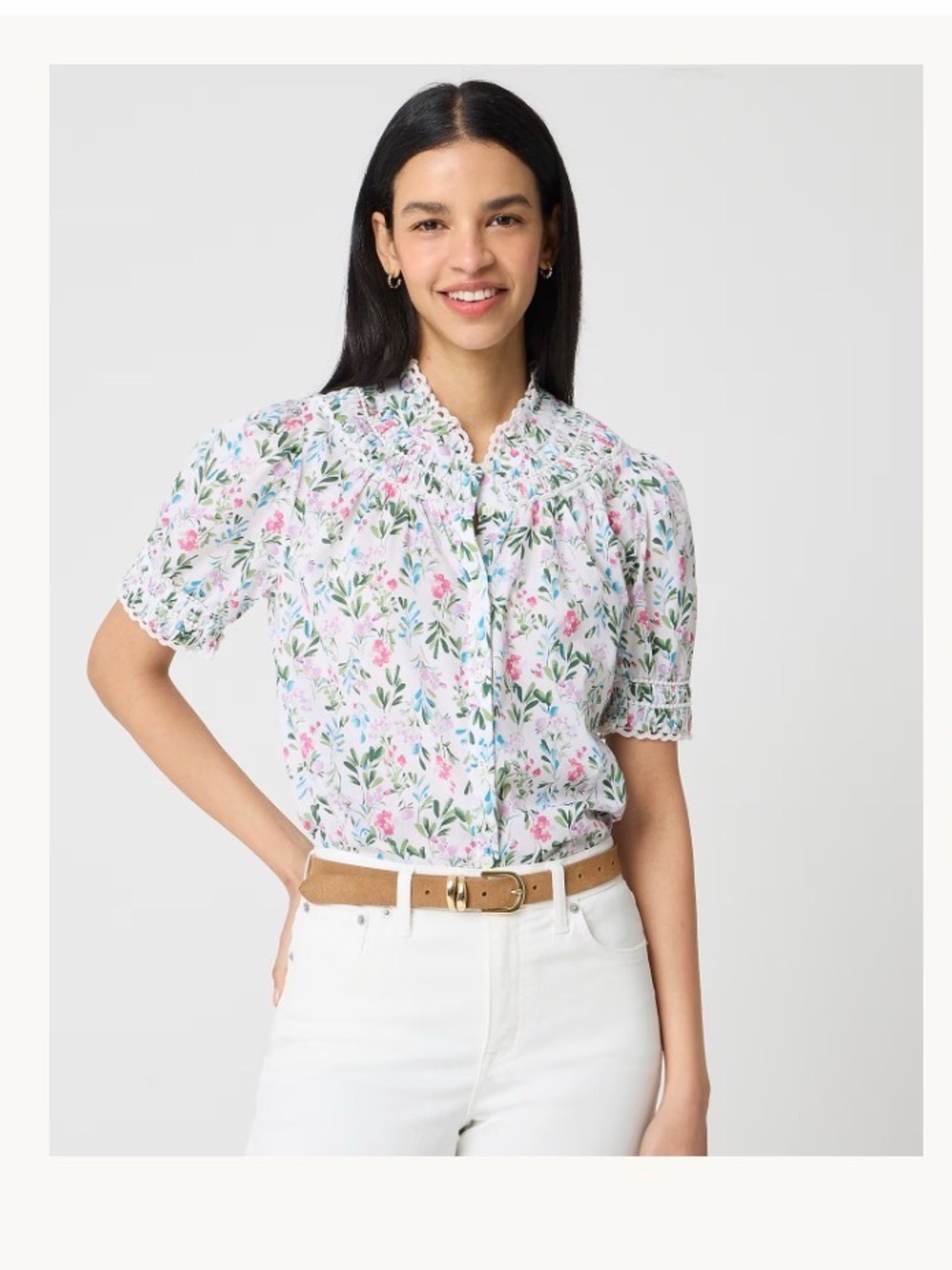 J. Crew Factory White Floral Short-Sleeve Blouse